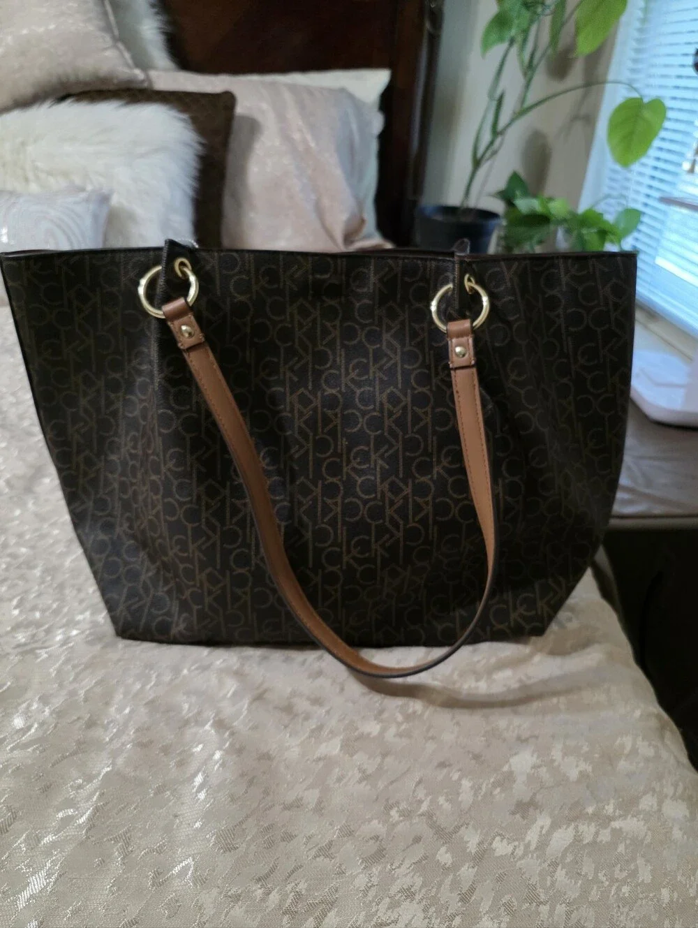 Calvin Klein Dark Brown Monogram Tote with Tan Trim
